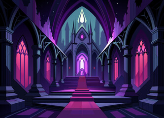 A dark, gothic cathedral interior with intricate stained glass windows. vektor illustation