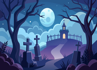 A haunted graveyard at night with tombstones and eerie fog. vektor illustation