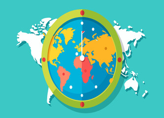 Naklejka premium A world clock showing time zones across major global cities. vektor illustation