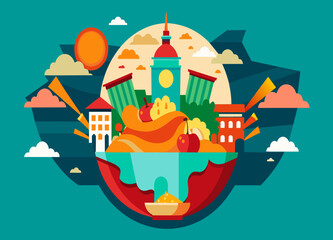 A melting pot of global cuisines on a vibrant street food market. vektor illustation