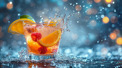 Cold alcoholic or non-alcoholic cocktail with ice, juice and fruit pieces. Negroni cocktail on coloured background in trendy style. Contemporary concept with alcohol beverage. Bartender cocktail