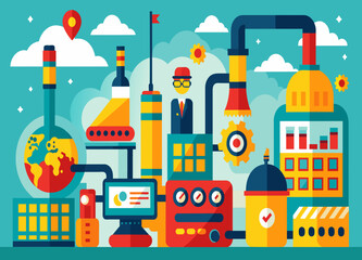 A factory assembly line producing products for global consumption. vektor illustation