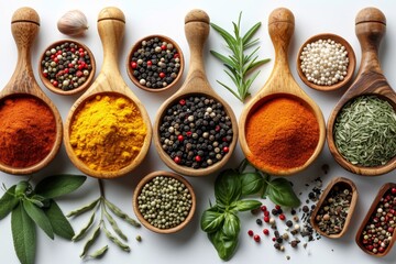 Top view of different spices in spoons on a white background