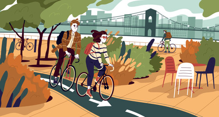 Obraz premium Bicyclists in eco park vector illustration