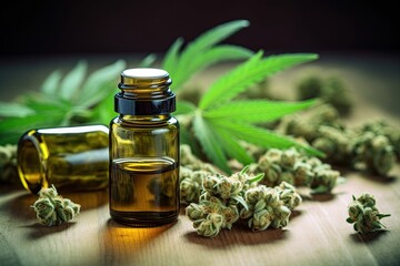 Medical marijuana. Cannabis buds an cbd oil on the table. Ai Generative - obrazy, fototapety, plakaty