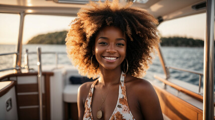 Luxury vacation at sea by yacht. portrait of young smiling woman enjoying on a boat in bikini looking at the sea at sunset, space for text
 - obrazy, fototapety, plakaty