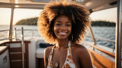 Foto op Canvas Luxury vacation at sea by yacht. portrait of young smiling woman enjoying on a boat in bikini looking at the sea at sunset, space for text  © anandart