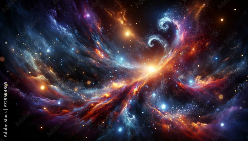 Wall mural Breathtaking cosmic scene depicting a swirling galaxy with vibrant colors, radiant stars and dynamic nebulous formations in the dark vastness of outer space.Cosmos concept. AI generated. - Wall murals