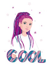 A pretty girl with purple dreadlocks with the inscription cool on a white background