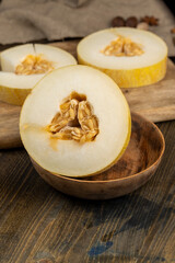 sliced sweet light yellow melon, close-up