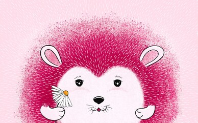  Friendly hand drawn pink hedgehog. Cartoon character holding a flower in his hands and smiling. Cute children's illustration