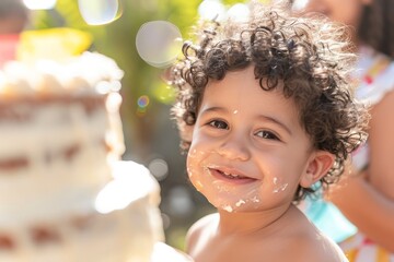 Little boy with birthday cake in the garden. Selective focus.