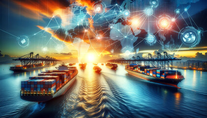Composite image showing a busy harbor with cargo ships at sunset overlaid with futuristic digital network graphics symbolizing global trade connections. AI generated. - obrazy, fototapety, plakaty
