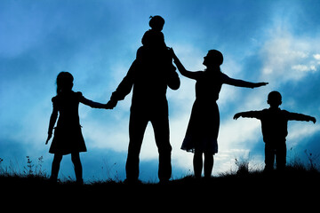happy family by the sea on nature silhouette background