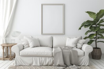 Mock up poster frame in interior background, Scandinavian style, 3D render