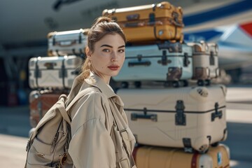 Beautiful young woman in beige trench coat with suitcases in airport