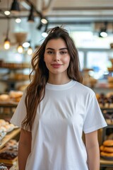 Beautiful young woman in white t-shirt posing in bakery.