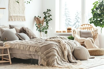 Interior of cozy bedroom with beige bed and wooden rocking chair