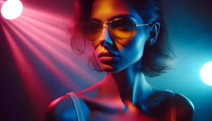 Obraz premium A stylish woman with an enigmatic expression wearing round glasses, illuminated by dramatic red and blue neon lights that cast vibrant hues on her face.Portrait concept.AI generated.