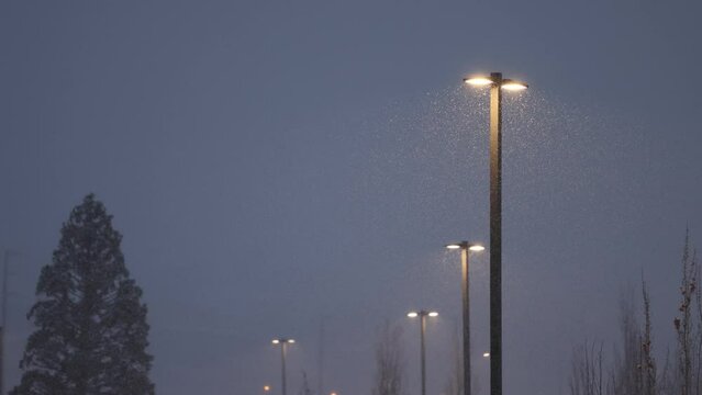 Falling snow in a parking lot lights in a row.