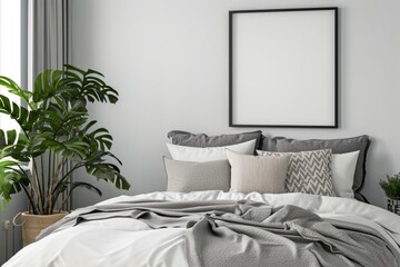 Interior of modern bedroom with white walls, concrete floor, comfortable king size bed with white linen, pampas grass and mock up poster frame. 3d rendering