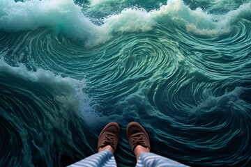A person's feet in brown shoes at the edge of a swirling vortex of water, creating an impression of standing on the brink of a dynamic ocean whirlpool.Background concept. AI generated. - obrazy, fototapety, plakaty