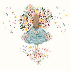 Fashion girl vector illustration girl holding beautiful flowers - 729595830