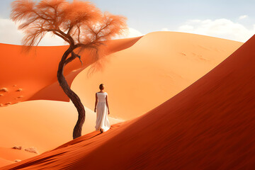 African woman walks against the backdrop of a lonely dry tree in the Namibian desert
