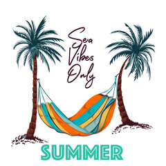 Apparel vector print with palm trees and hammock, sea vibes - 729595848