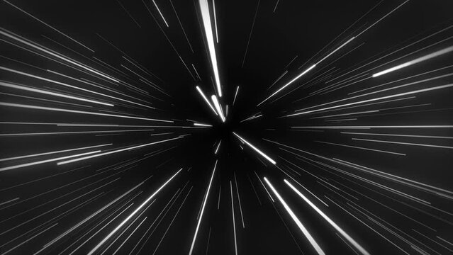 Monochrome pattern with diverging white rays of light. Entering hyperspace HD. Travel through black space white stars seamless loop. Hyper jump looped 4k.