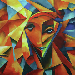 Multicolored cubist abstract of a multifaceted woman with strabismus and a pointed chin