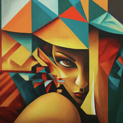 Cubist abstract of a mysterious young woman with cautious curiosity
