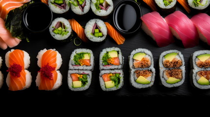 A close-up view of Chinese-inspired sushi, showcasing an inventive blend of East meets West, where sushi artistry meets Chinese culinary innovation