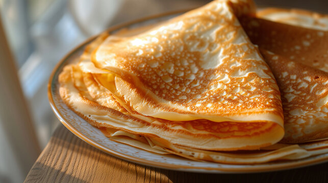 Thin pancakes. traditional Russian dish blini close up. Maslenitsa Pancake week celebration..
