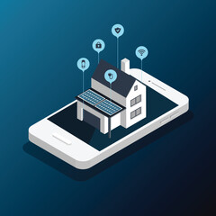 Smart home control by smartphone. Wireless wi-fi connection and house technology. Mobile phone connections with home electronics devices. Vector isometric illustration in a trendy flat style.