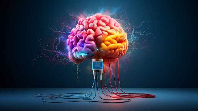 A  human brain with dynamic glowing electric currents cables connected to wire with plug on dark background. Dopamine fasting mental health digital detox concept