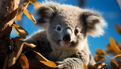 Cute koala sitting on branch, looking at camera in forest generated by AI