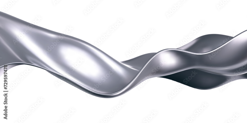 Wall mural 3d chrome liquid wave, silver silk fabric isolated on light background. render of fluid metal ribbon