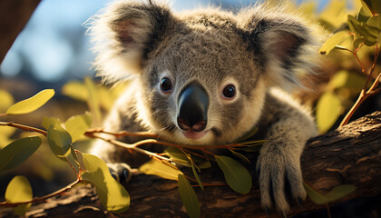 Cute koala sitting on branch, looking at camera in nature generated by AI
