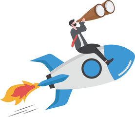 entrepreneur, startup business or success small company, professional business management or female manager concept, confidence businessman riding rocket working on computer with telescope.

