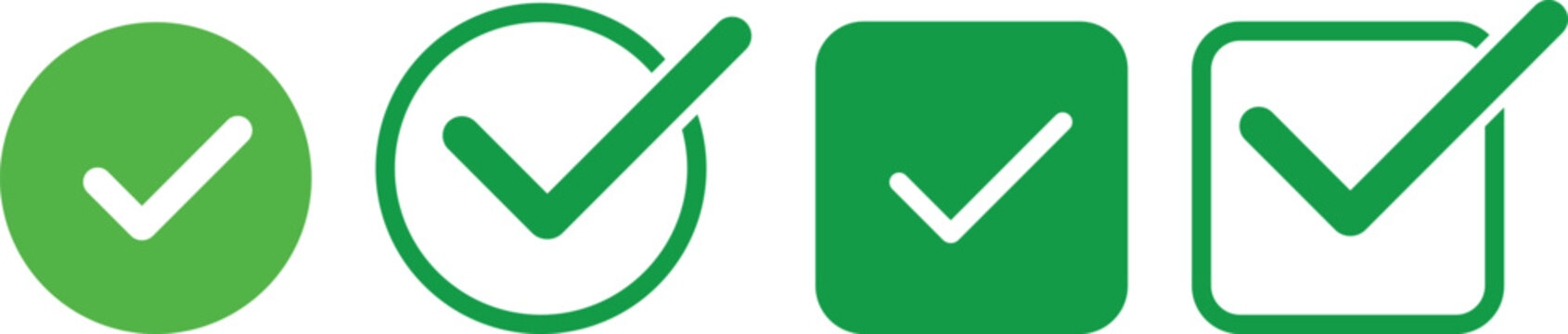 Green tick icons collection. Flat round check mark green icon, button. Tick symbol isolated on white background. Vector illustration