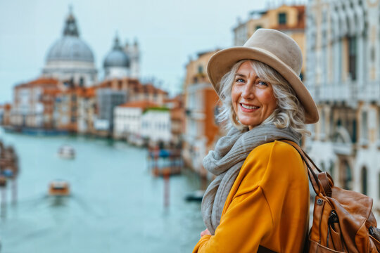 Stylish Woman Visiting Old City. Generative AI