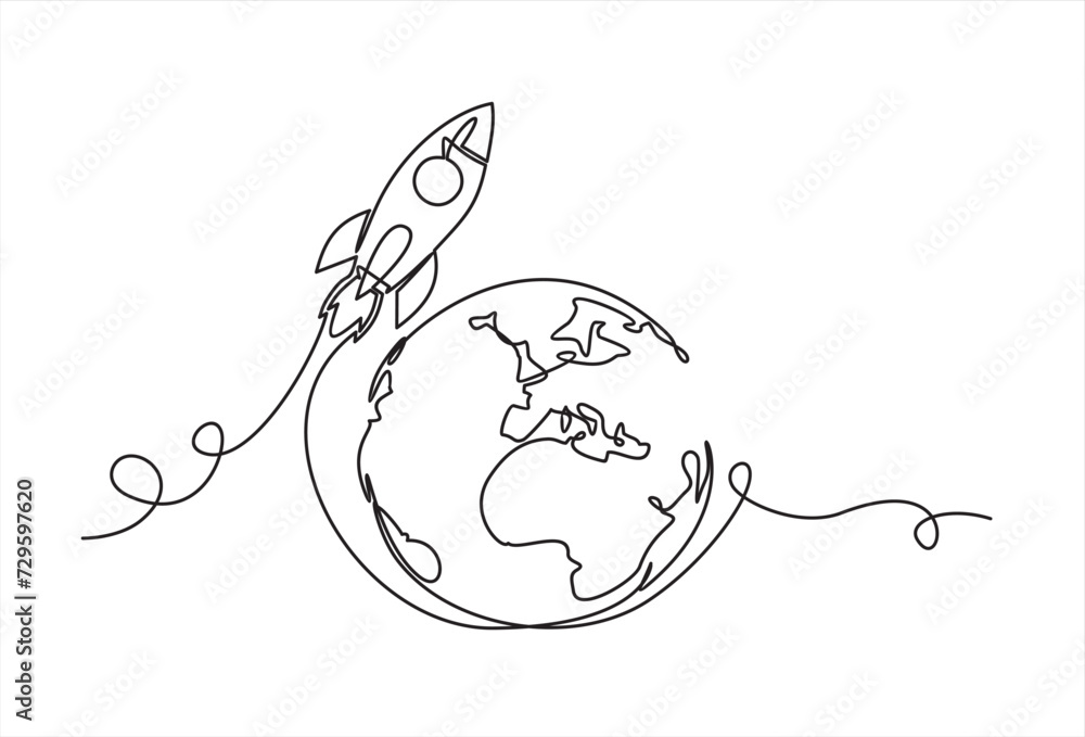 Poster earth globe with rocket one line drawing of world map vector illustration minimalist design of minim