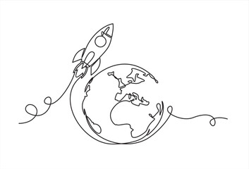 Earth globe with rocket one line drawing of world map vector illustration minimalist design of minimalism isolated on transparent background