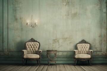 Scandinavian interior design in vintage retro shabby chic style with antique shabby wall - obrazy, fototapety, plakaty