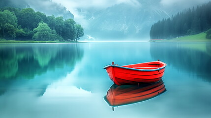 Red boat on a calm lake with misty mountains and green foliage in the background