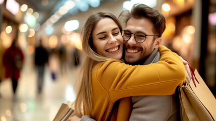 Couple in love shopping. Hugs in the shopping center - a romantic mood.