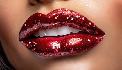 Luxurious Red Glitter Lips with Sparkles.High Fashion,Shimmering Lips Glamour Makeup