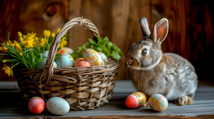 Easter colorful eggs in a wicker basket and a bunny on a wooden table