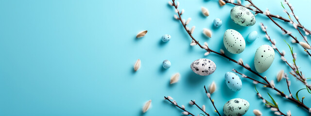 Easter composition on a blue background - obrazy, fototapety, plakaty